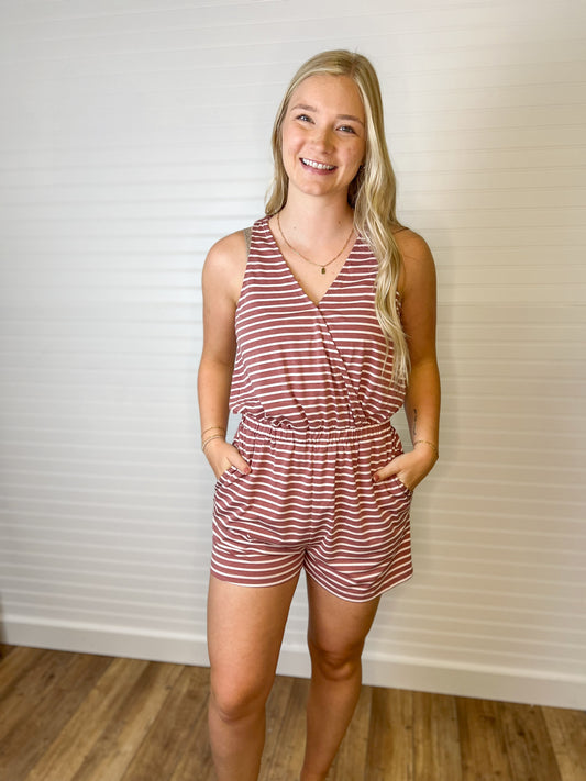 Striped V-Neck Romper - Brick