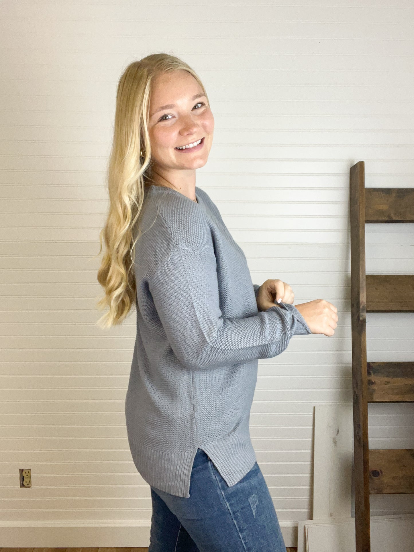 Round Neck Relaxed Sweater - Slate Blue