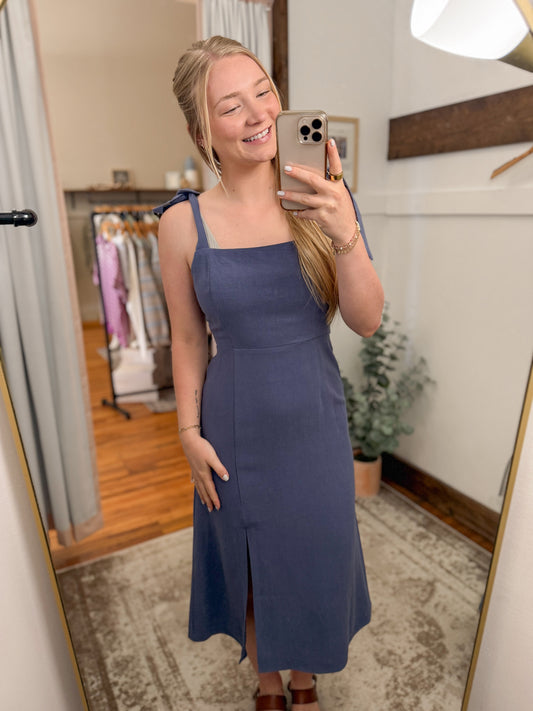 Square Neck Tie Strap Midi Dress - Dusty Blue