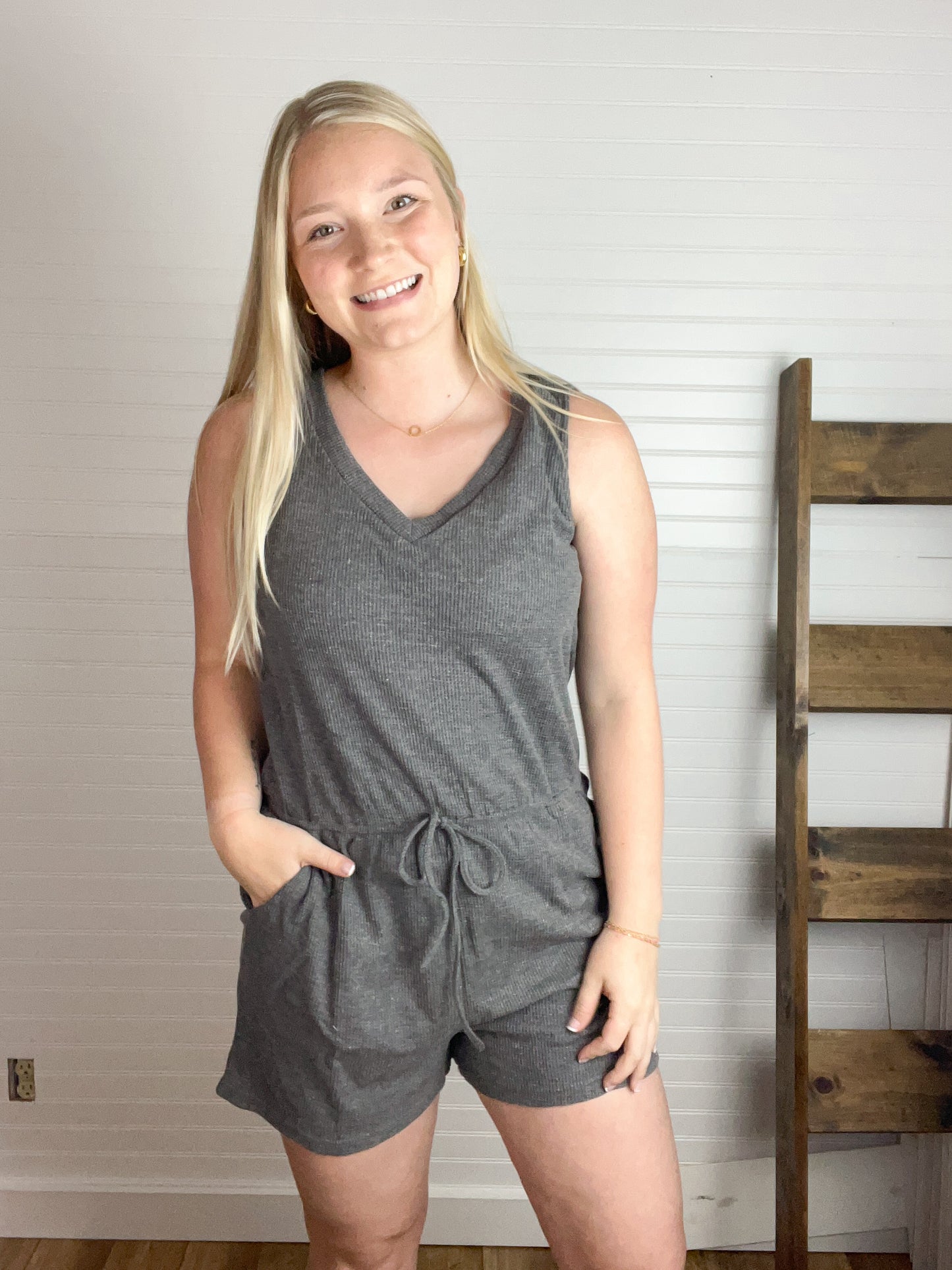 Thermal V-Neck Romper - Charcoal