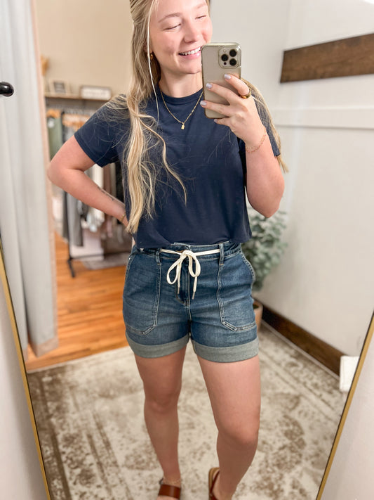 Cuffed Drawstring Denim Shorts - Dark