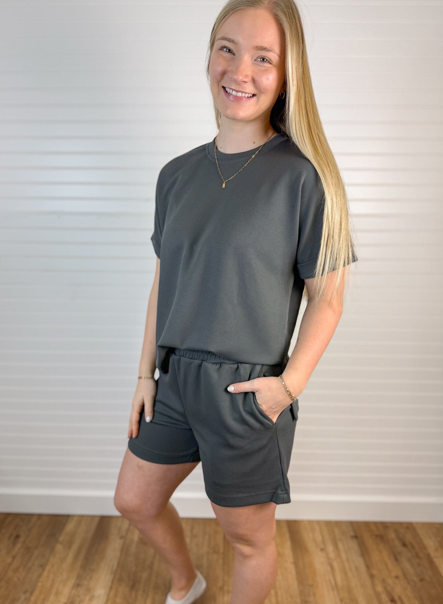 Luxe Ribbed Lounge Tee - Charcoal