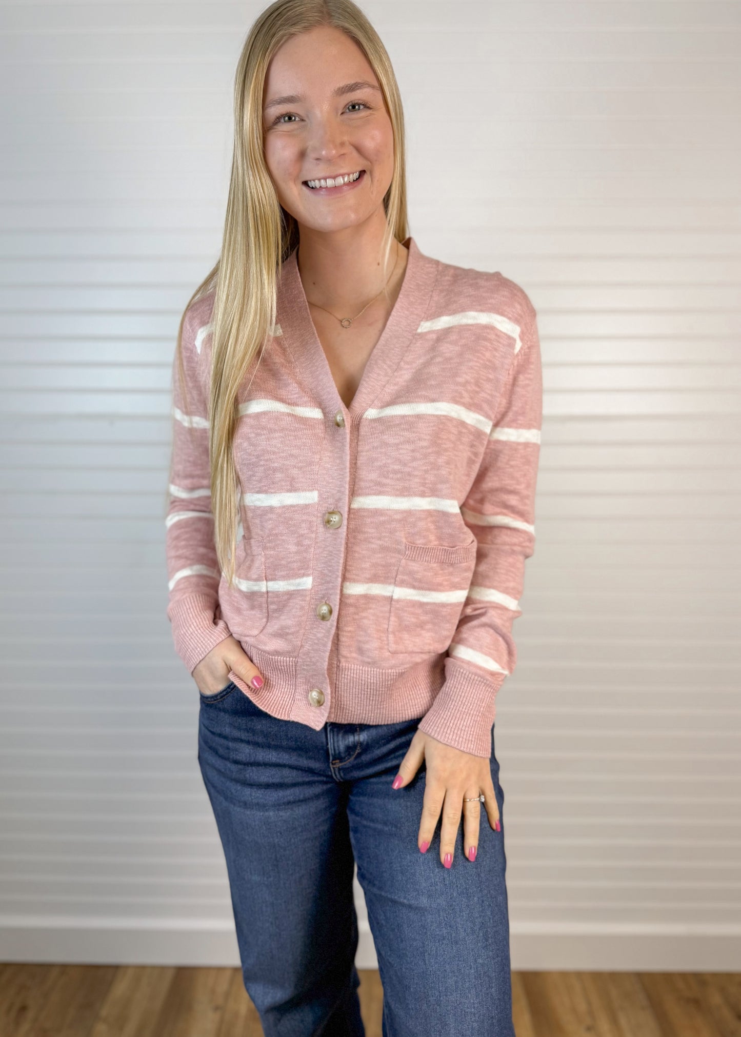 Striped Oversized V-Neck Cardigan - Pink