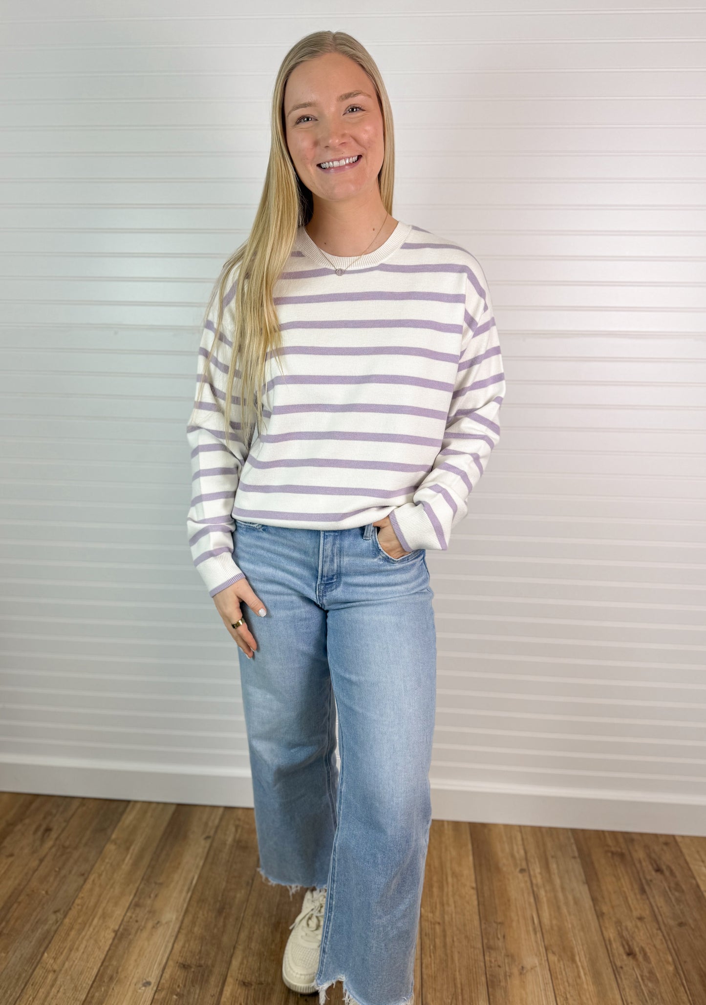 Drop Shoulder Striped Sweater - Ivory/Lavender