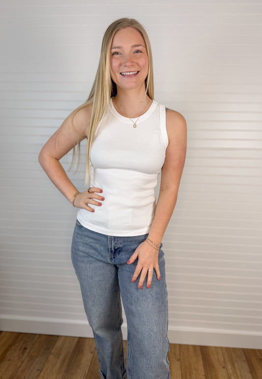 Classic Ribbed Slim Tank - White