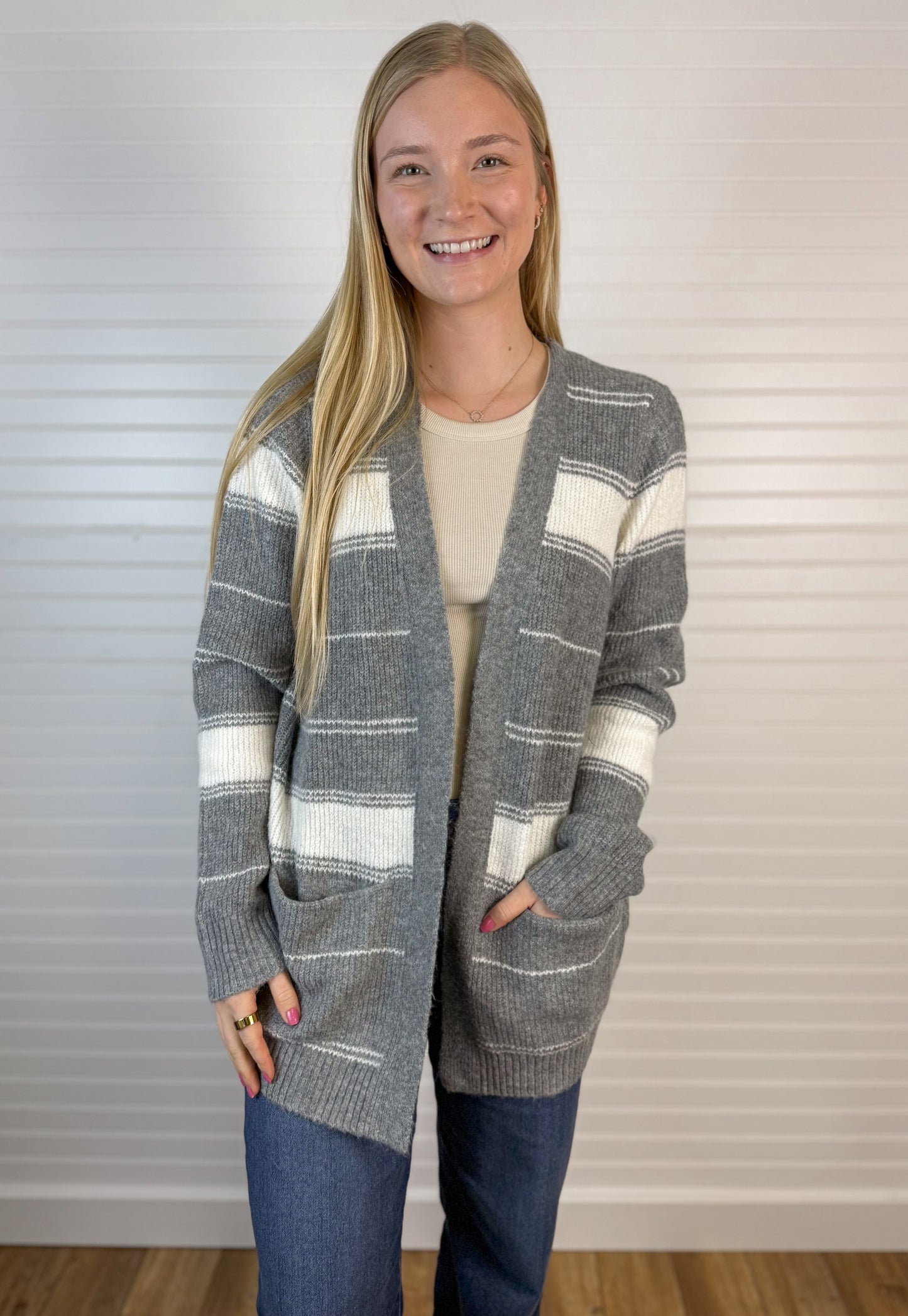 Striped Open Cardigan - Cream/Gray