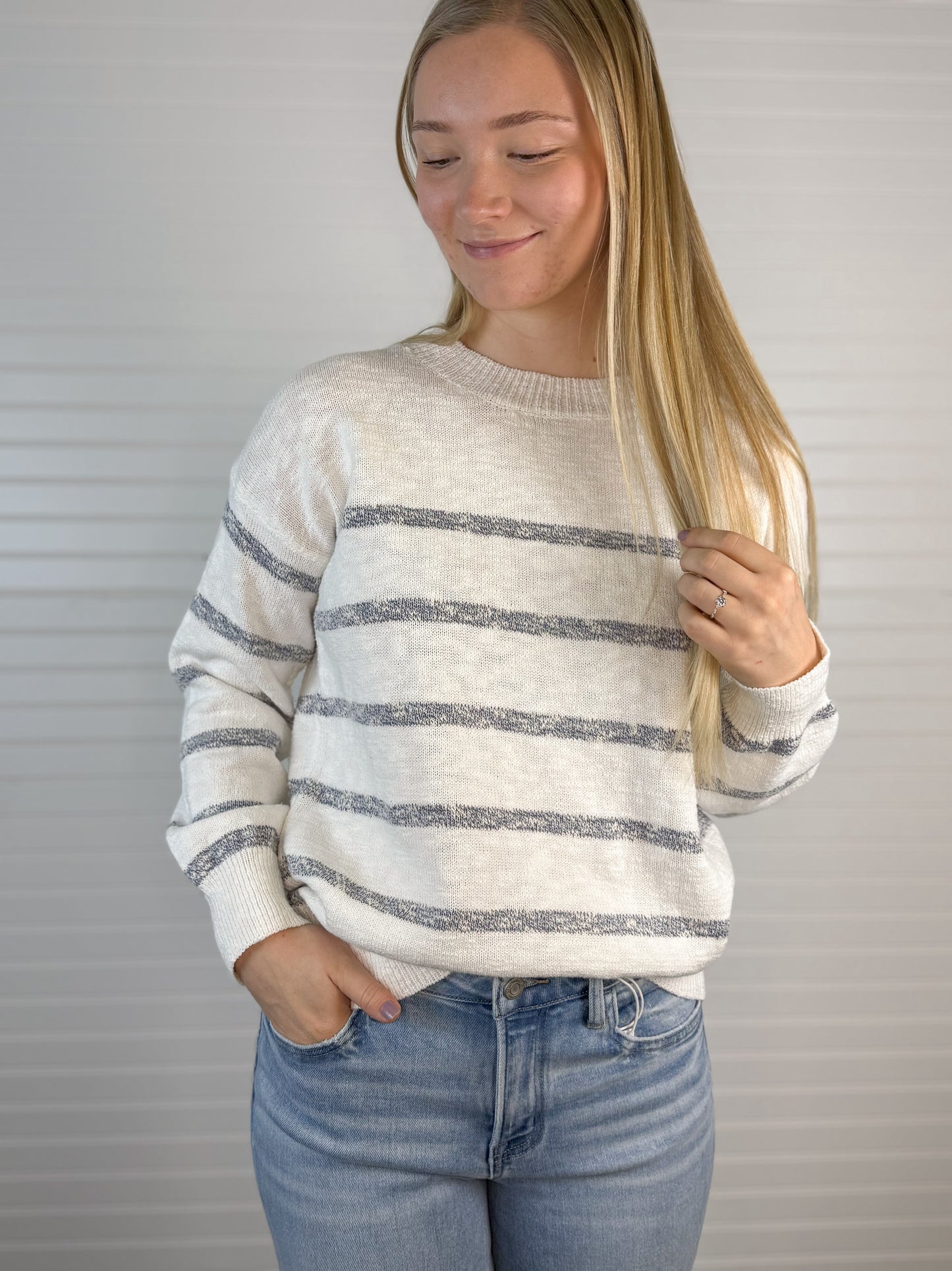 Drop Shoulder Stripe Lightweight Sweater - Blue