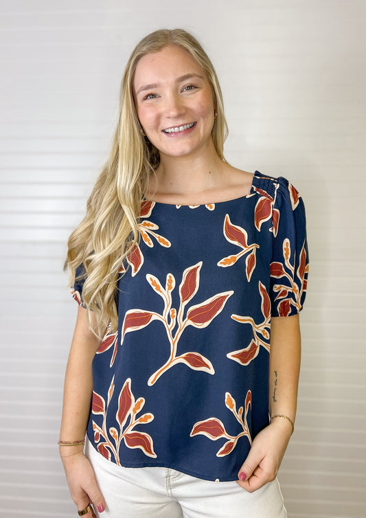 Square Neck Smocked Floral Top - Navy