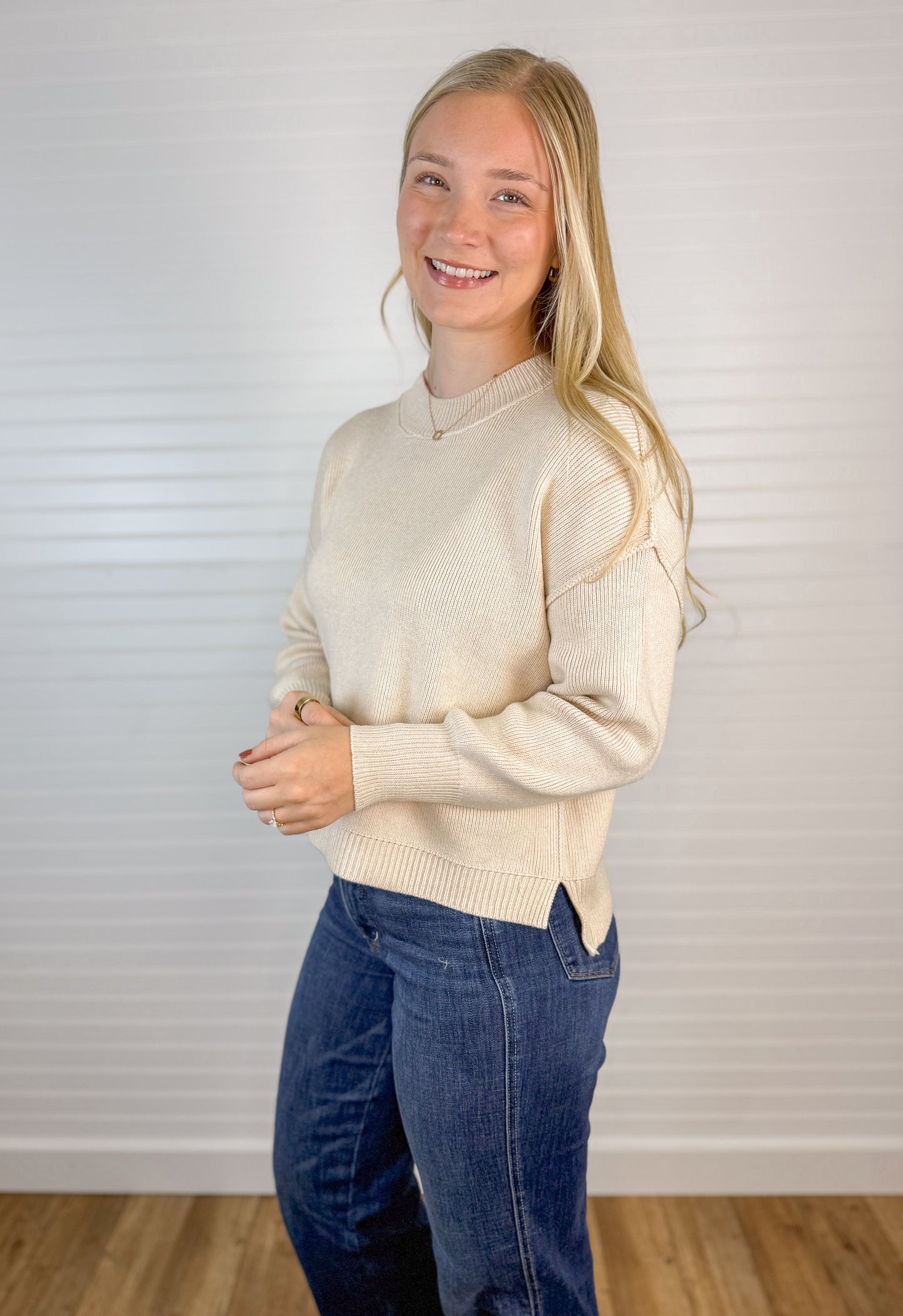 Ribbed Knit Raw Seam Sweater - Cream