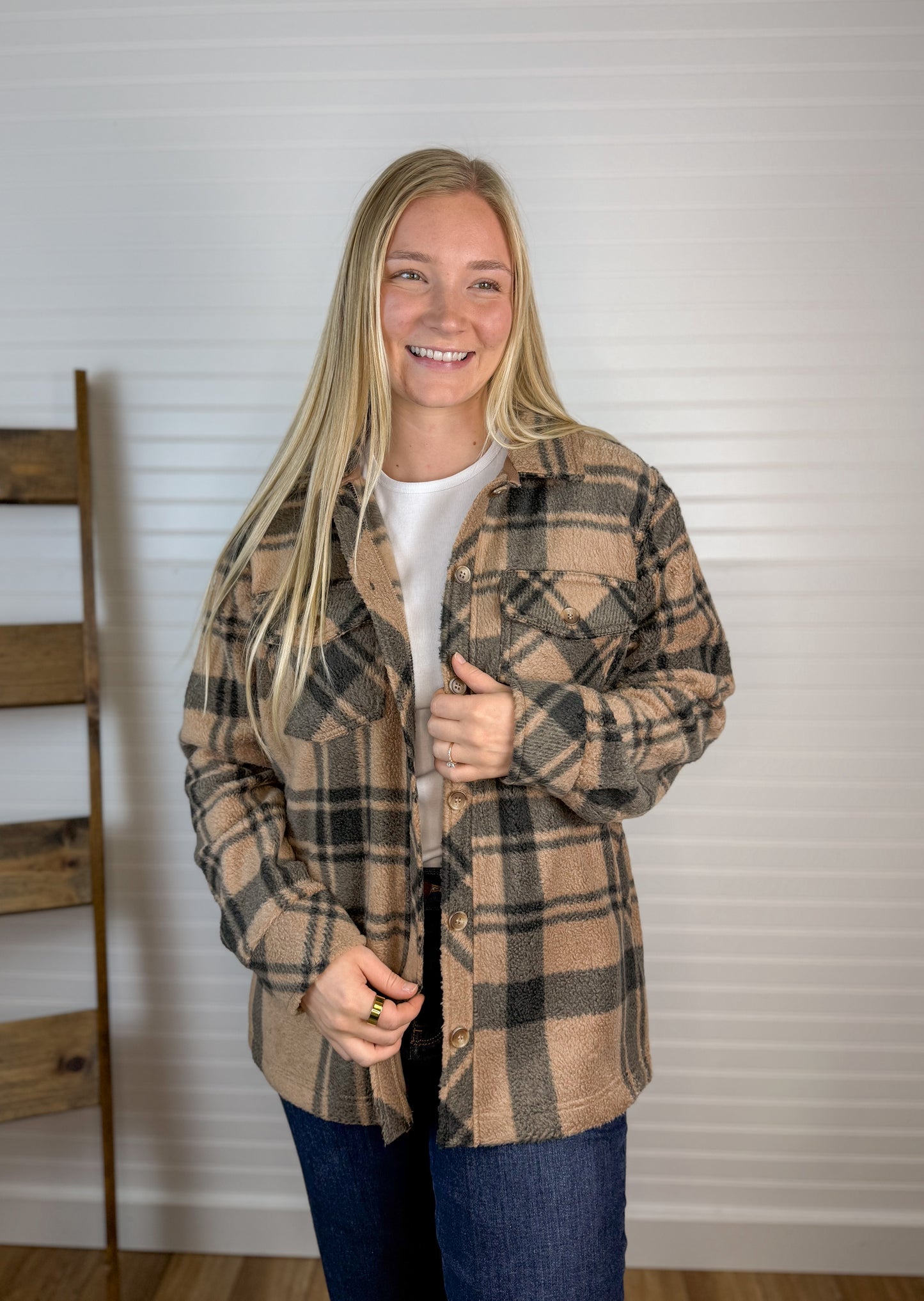 Cozy Fleece Plaid Shacket - Caramel/Black