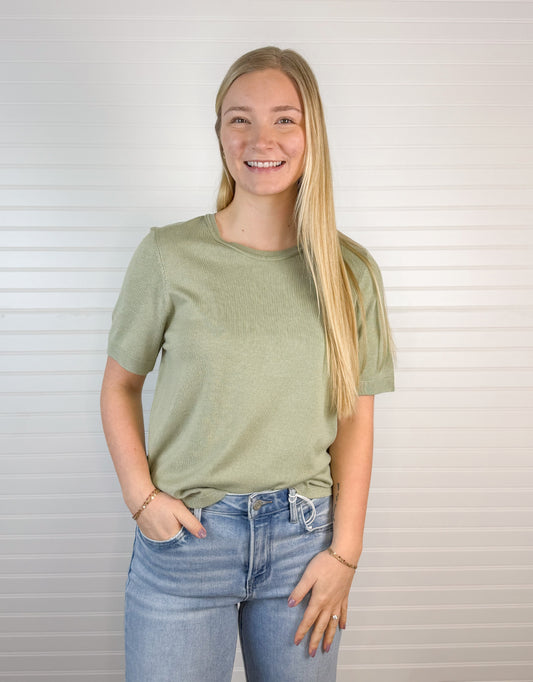 Relaxed Short Sleeve Sweater Top - Sage