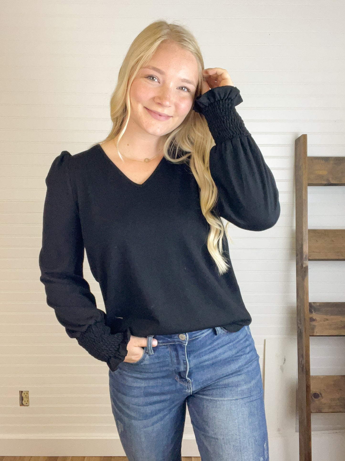 Puff Sleeve V-Neck Top - Black