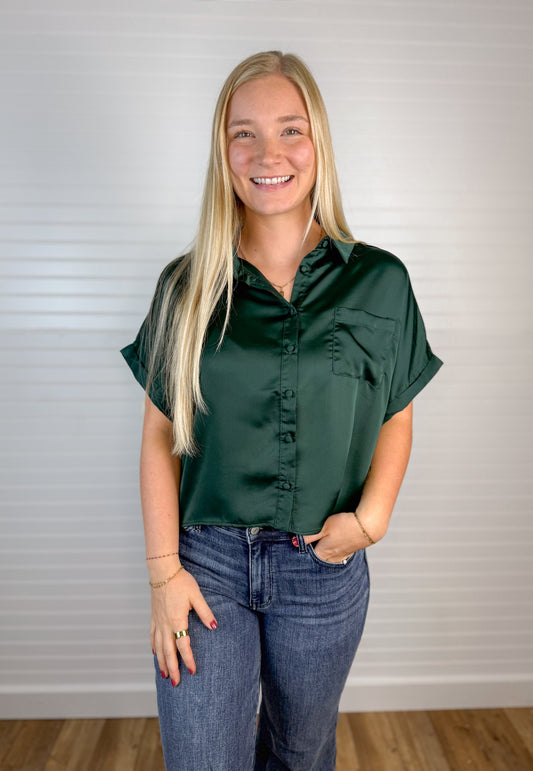 Satin Button Down Blouse - Hunter Green