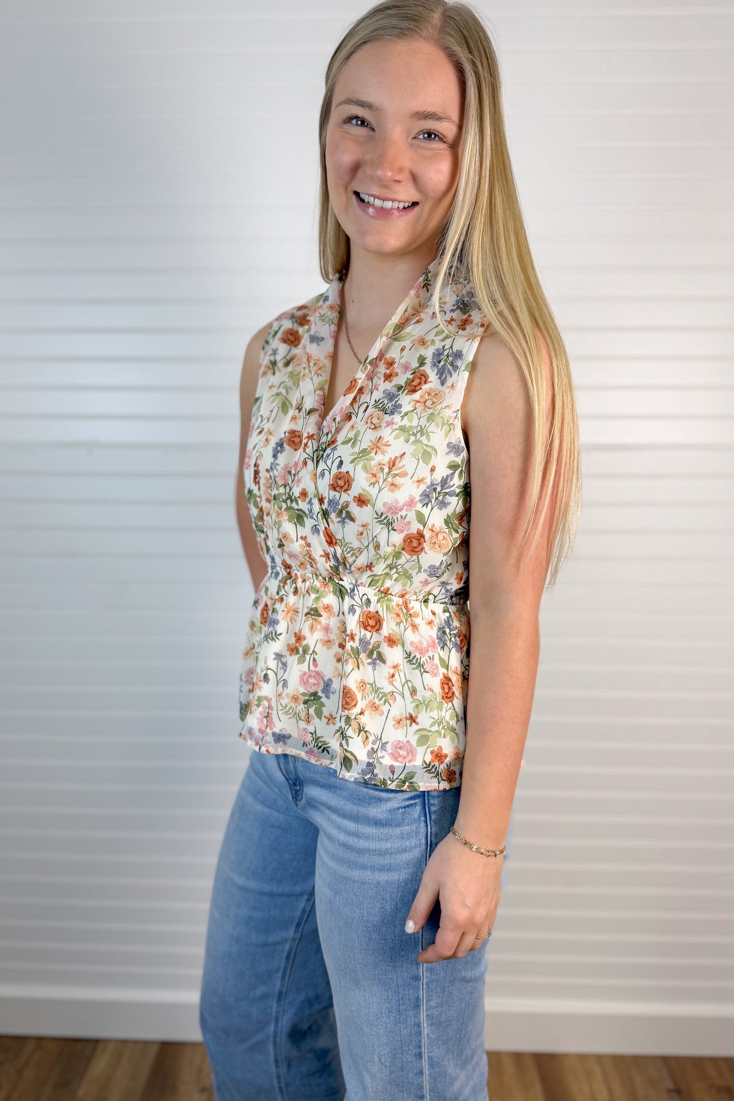 V-Neck Surplice Peplum Top - Ivory/Multi
