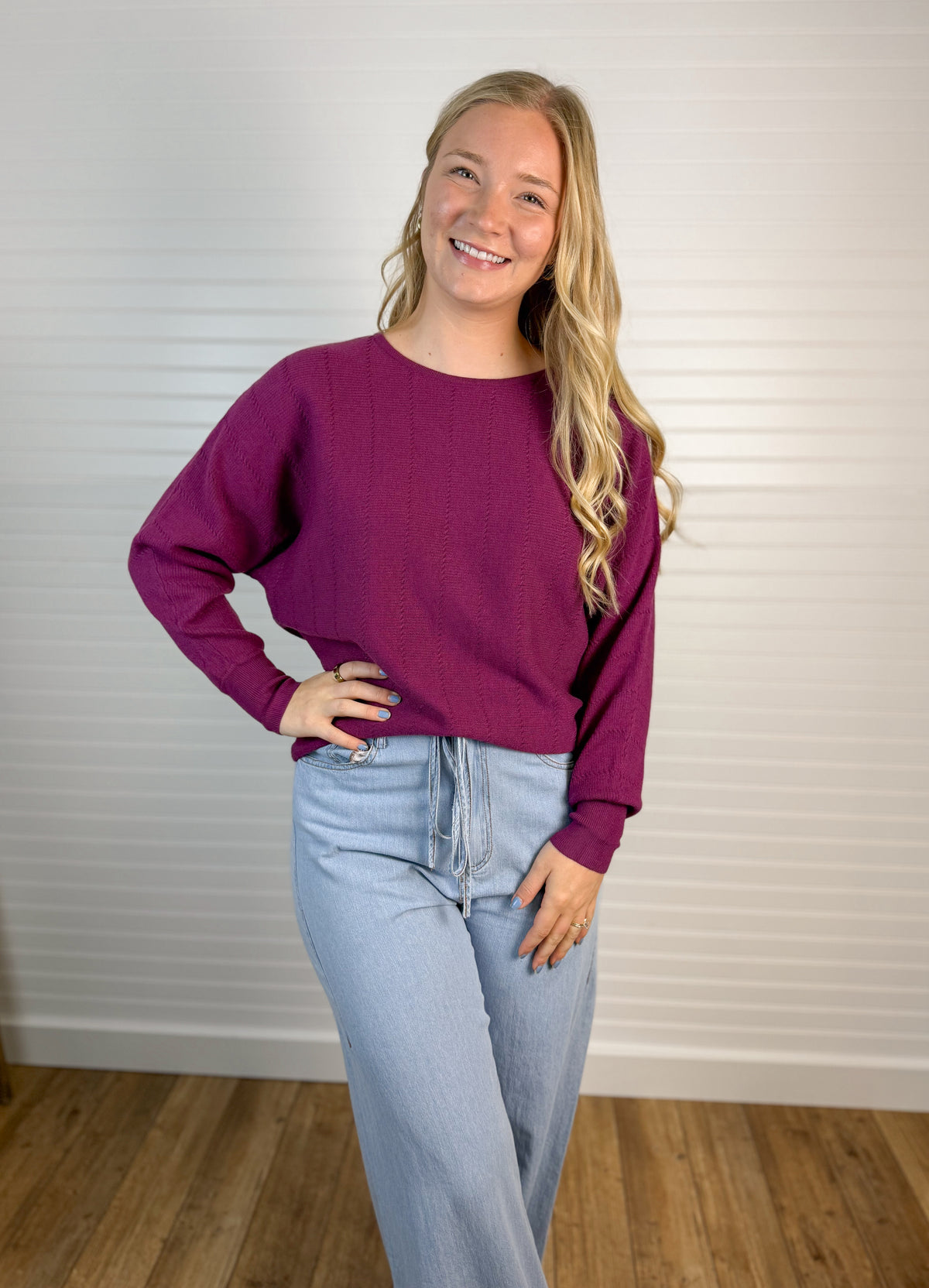Textured Dolman Boat Neck Top - Plum