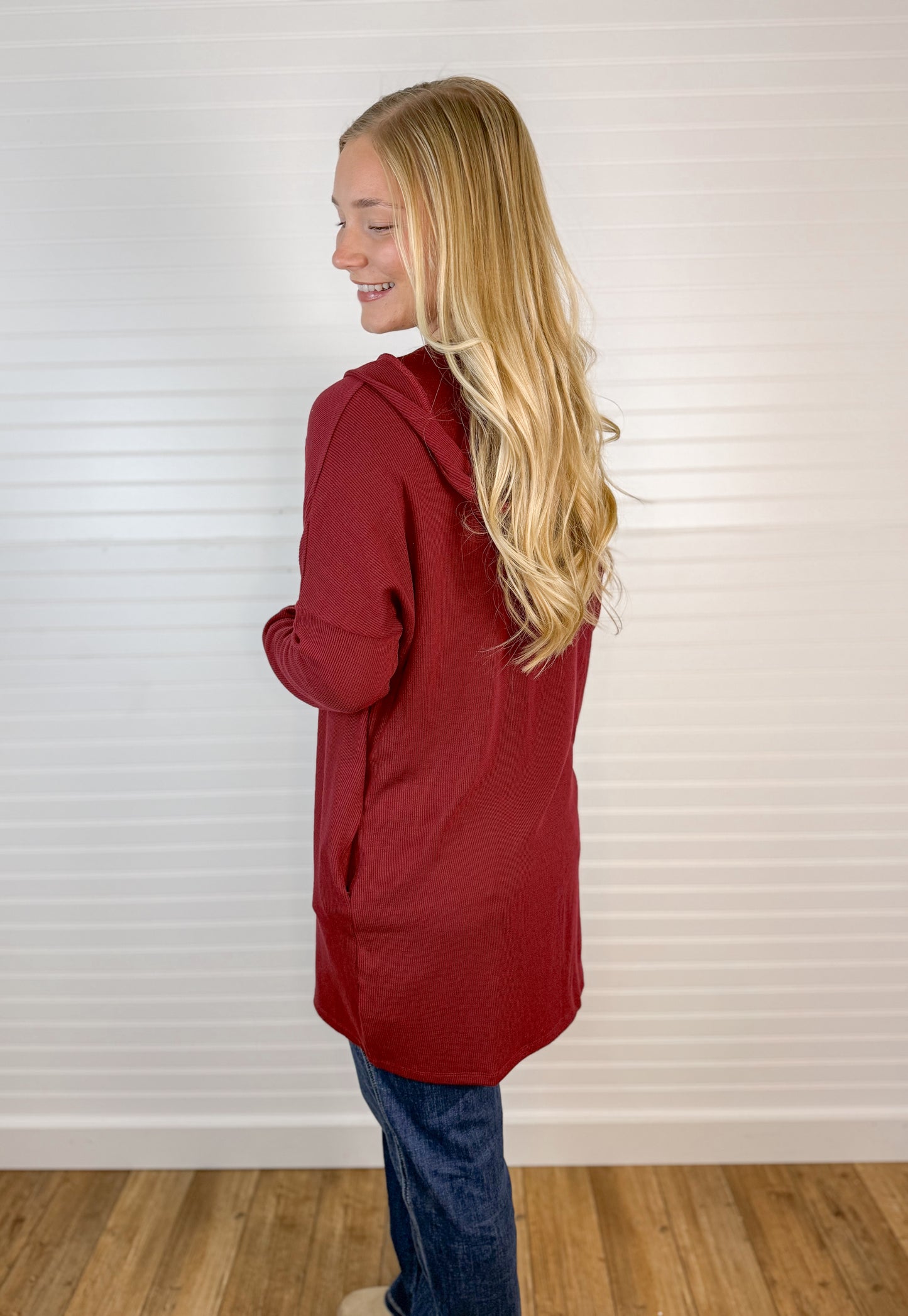 Ribbed Side Pocket Hooded Cardigan - Burgundy