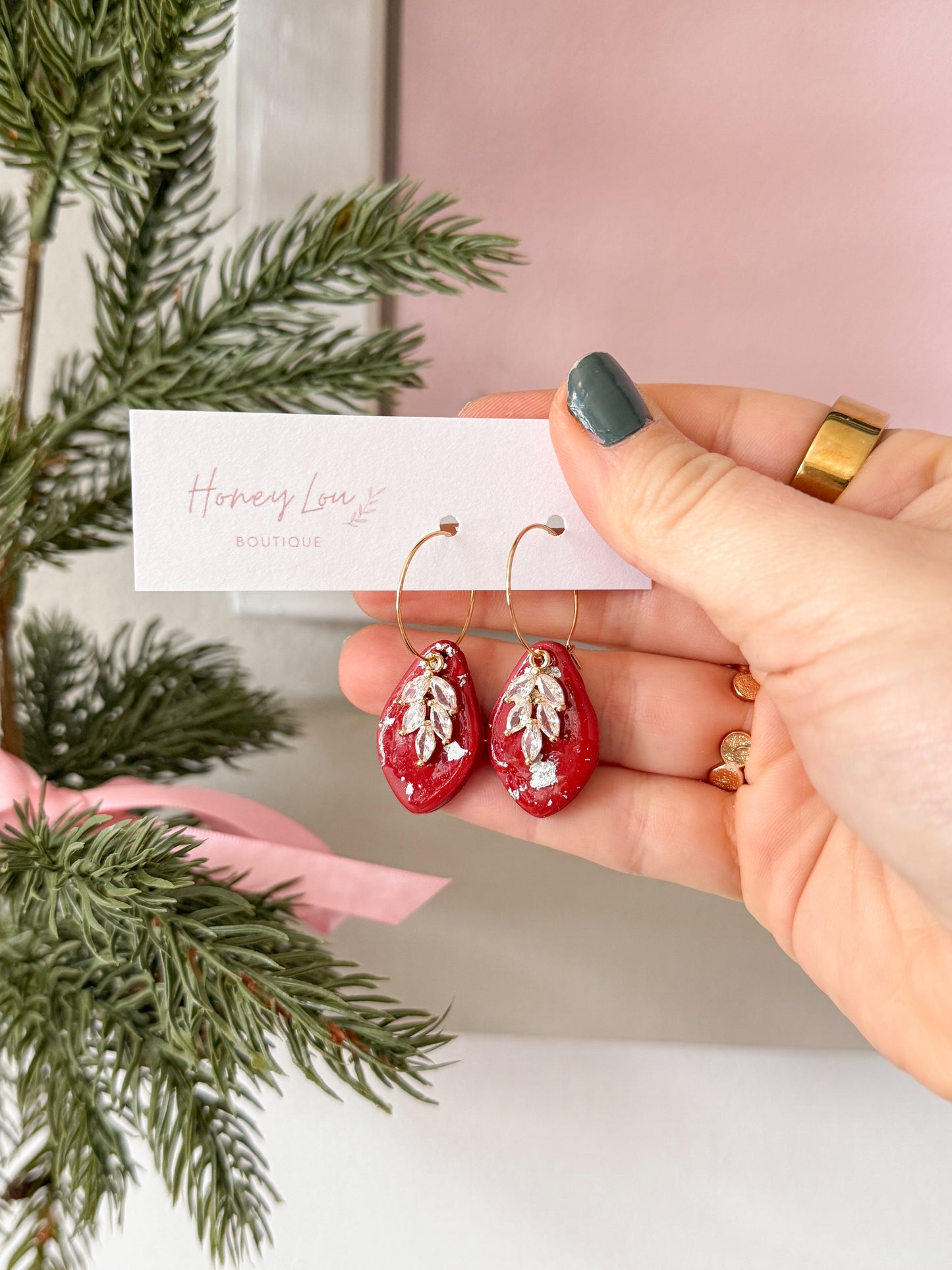 Leaf Charm Clay Earrings - Red/Silver