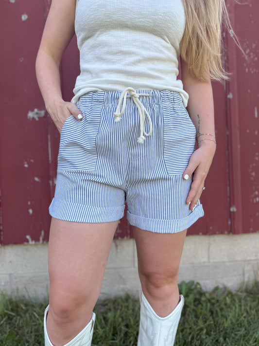 Striped Cotton Twill Shorts - Blue