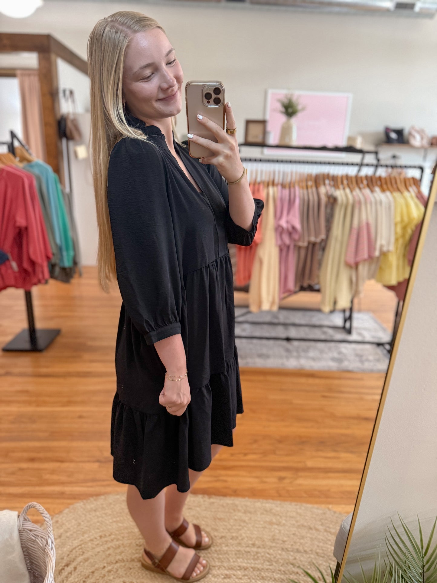Frilled Split Neck Dress - Black
