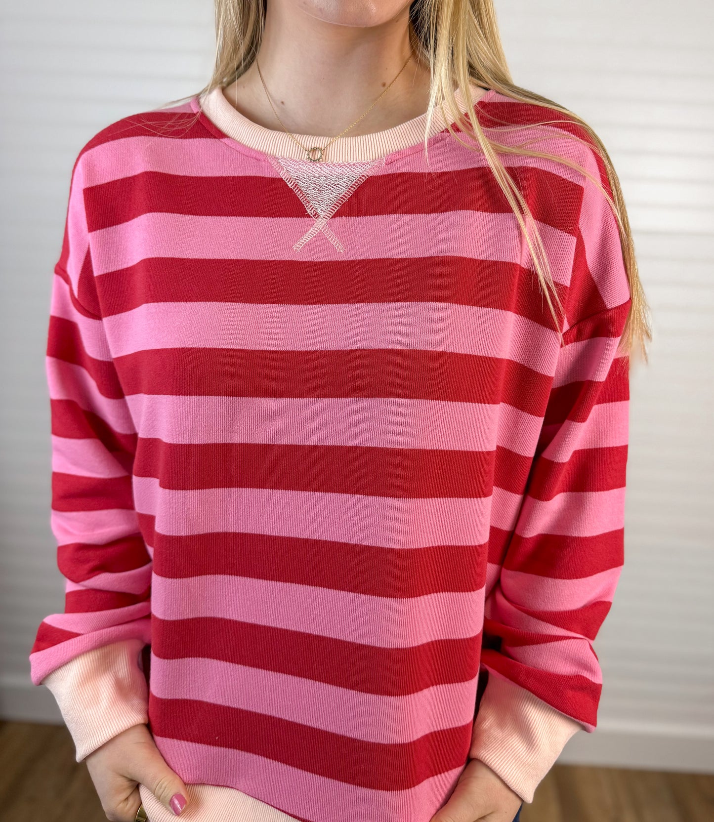 Oversized French Terry Striped Crewneck - Red/Pink