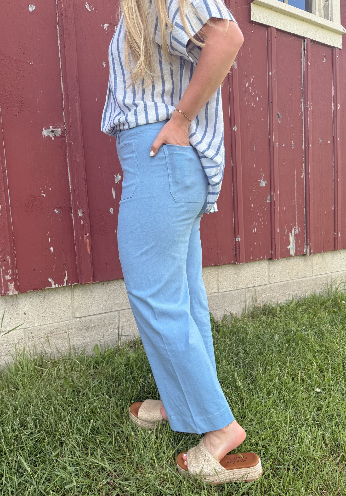 Stretchy Cotton Linen Ankle Pants - Blue