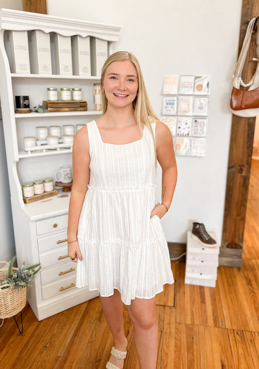 Textured Ruffle Tiered Dress - White