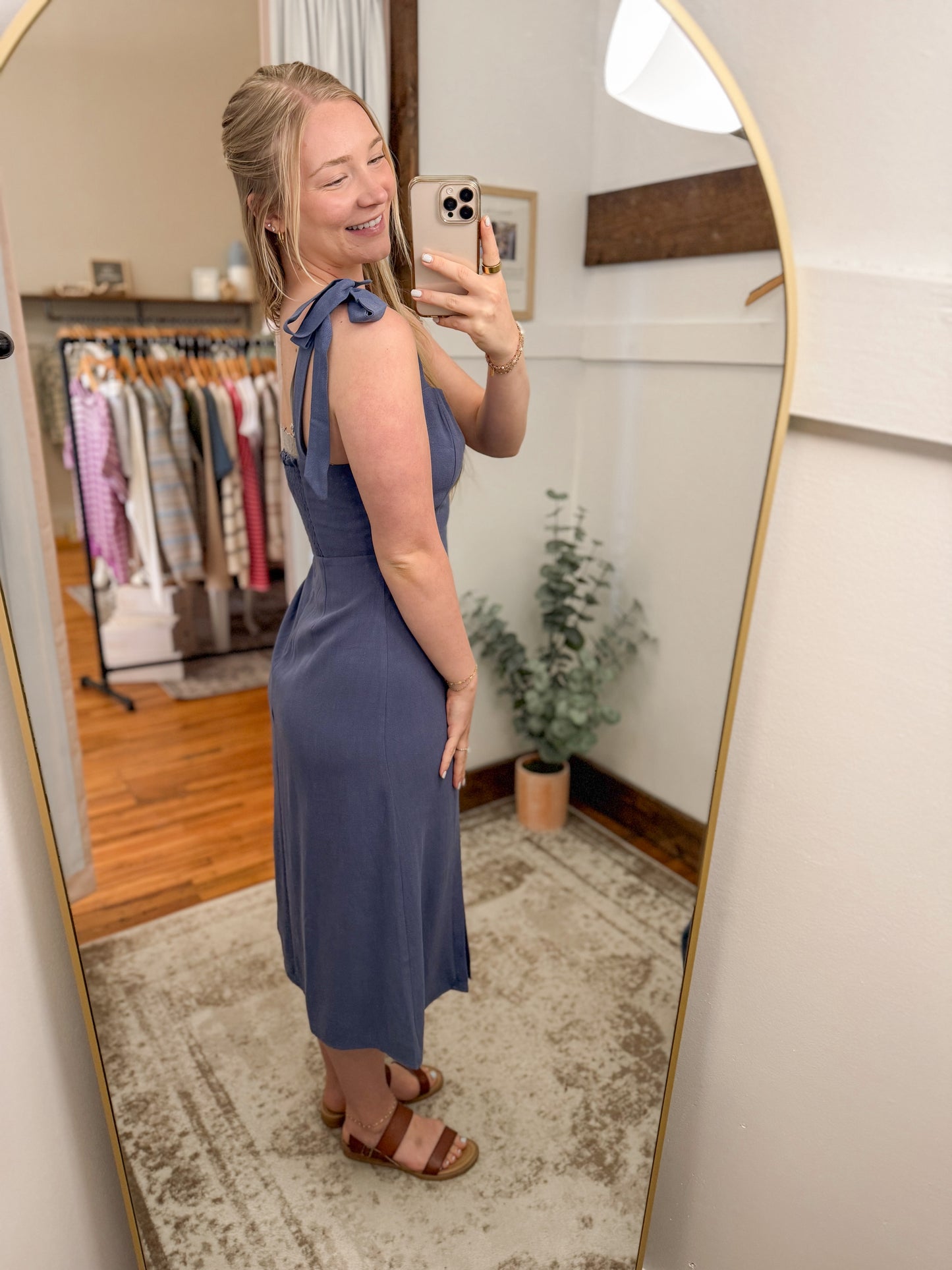 Square Neck Tie Strap Midi Dress - Dusty Blue
