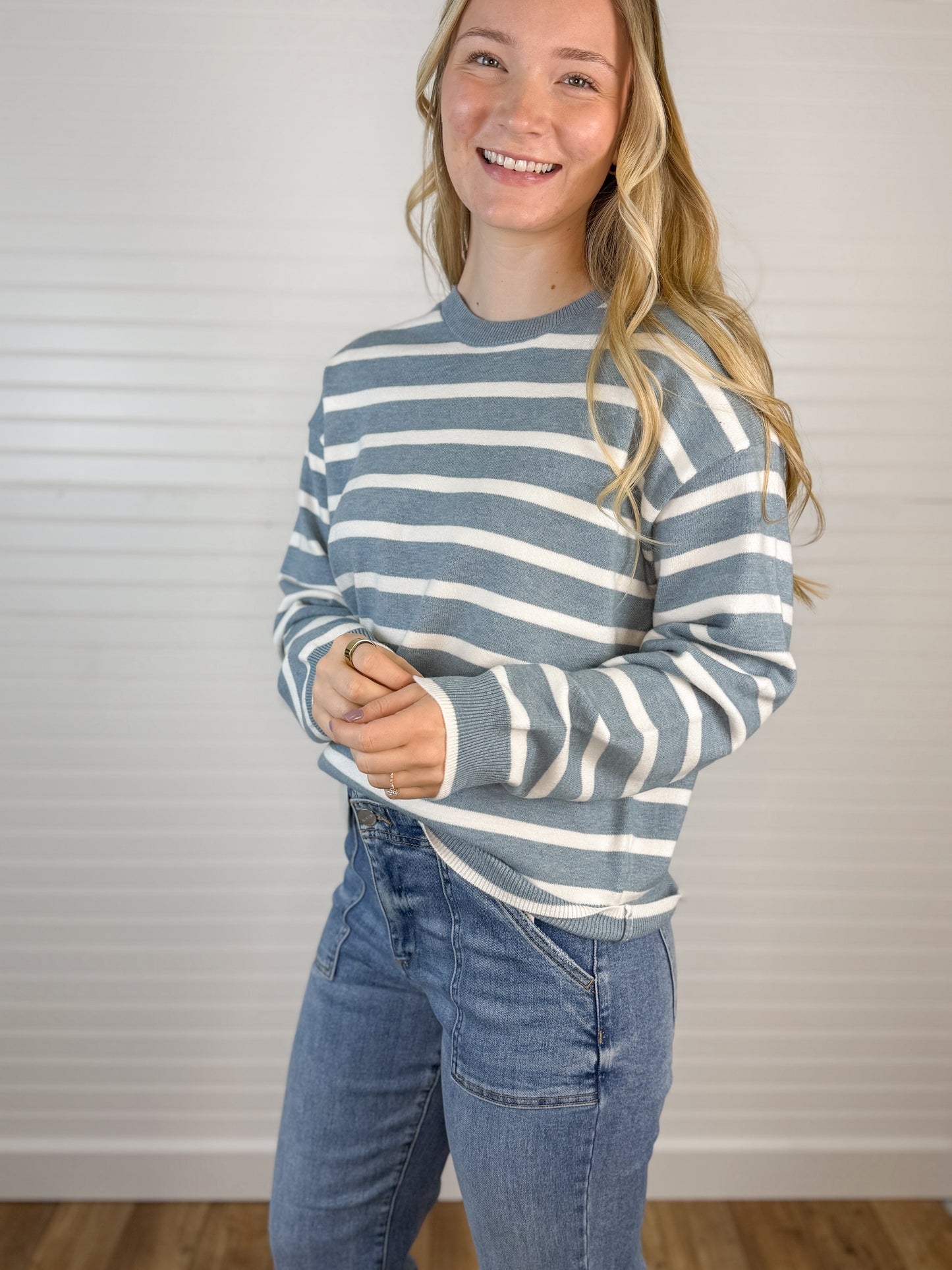 Drop Shoulder Striped Sweater - Dusty Blue