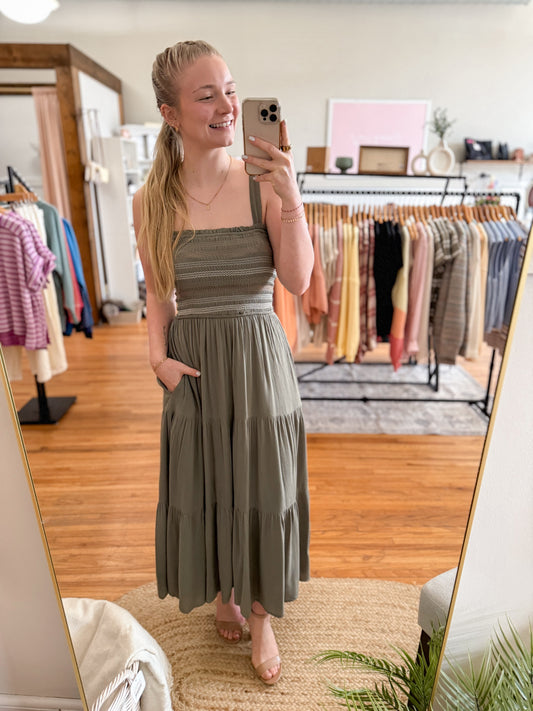 Smocked Tiered Midi Dress - Olive