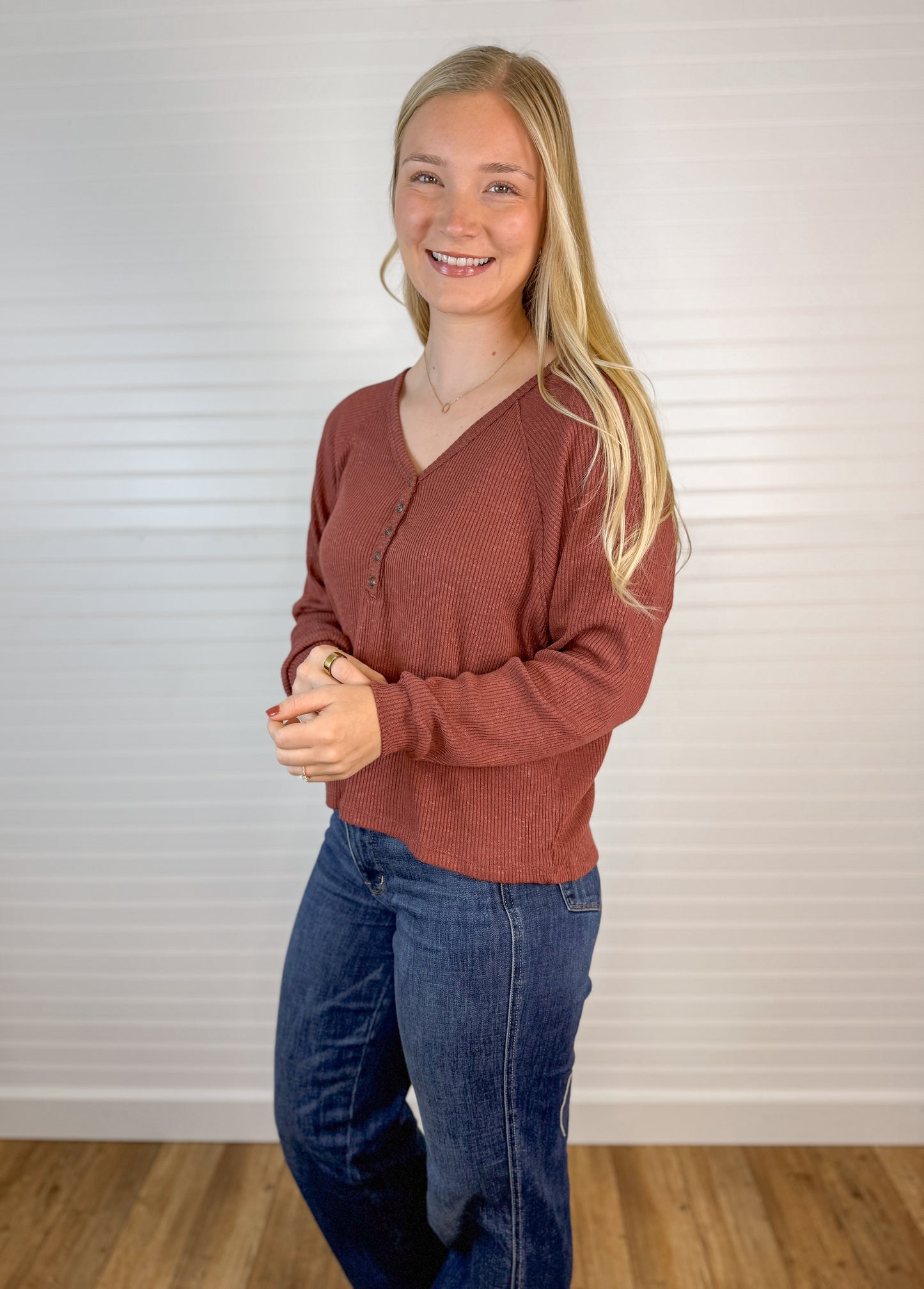 V-Neck Long Sleeve Henley - Burgundy