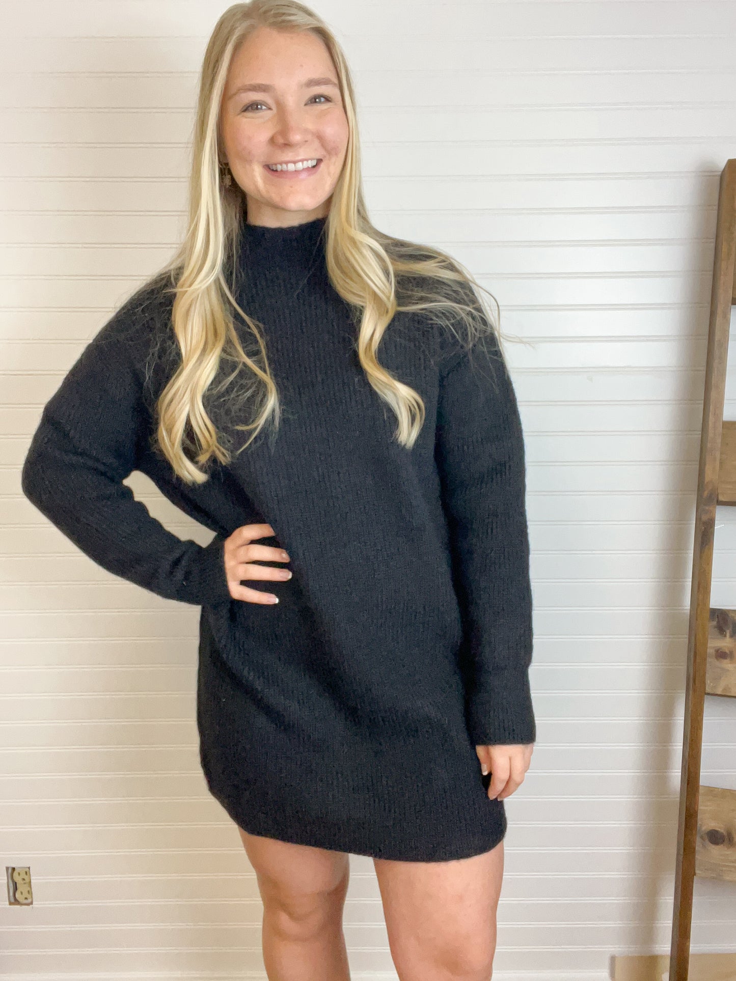 Mock Neck Sweater Dress - Black