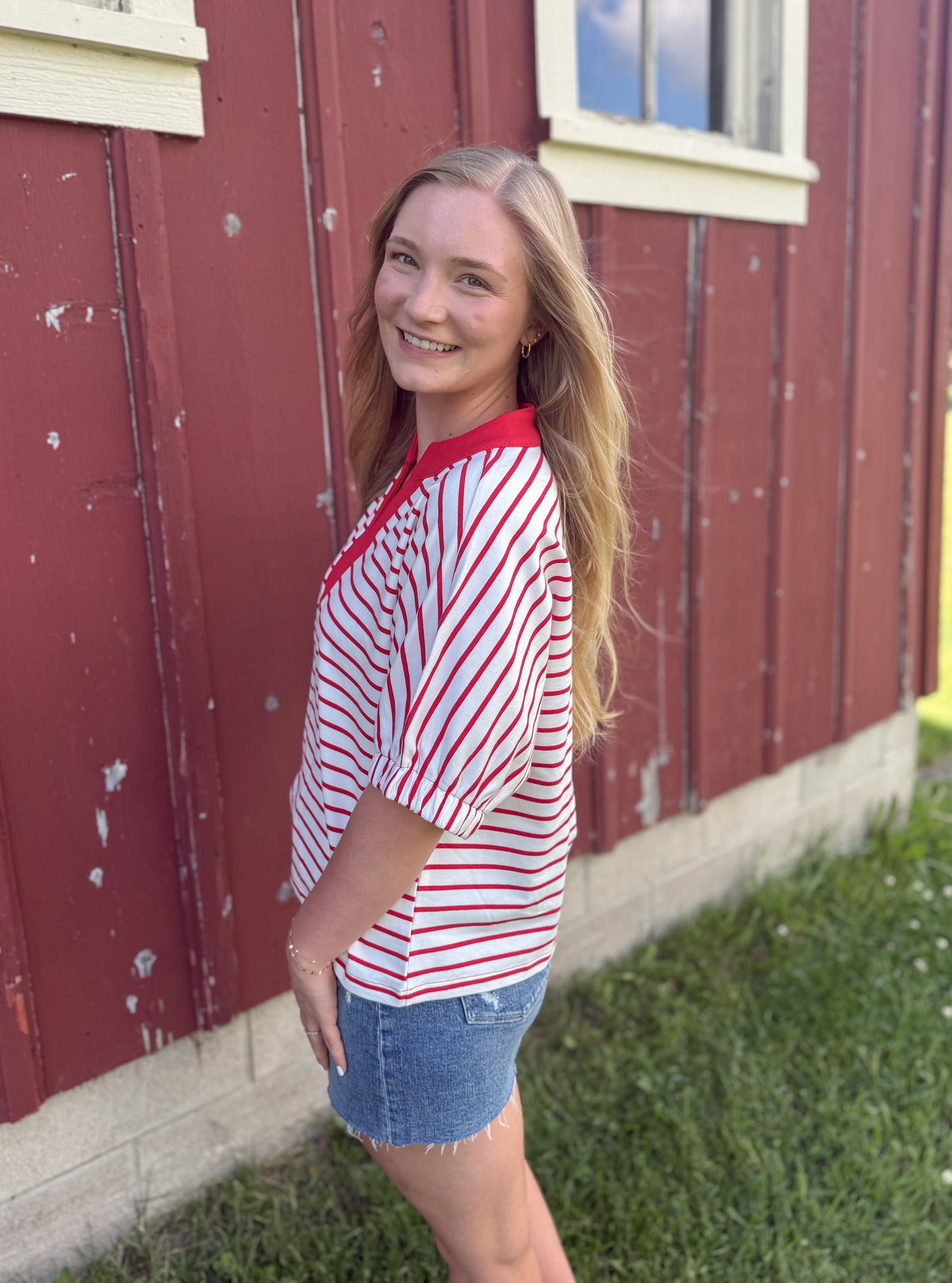 Striped Dolman Knit Top - Red/White