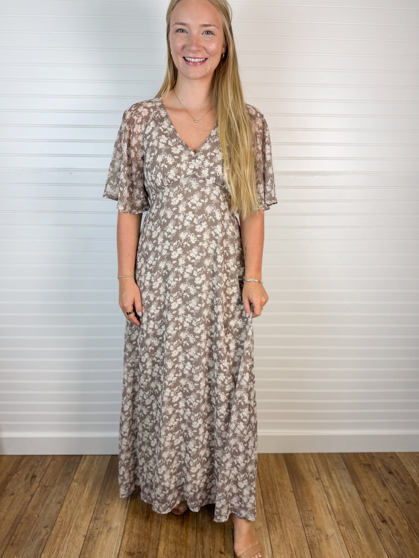 Flutter Sleeve Floral Maxi Dress - Taupe
