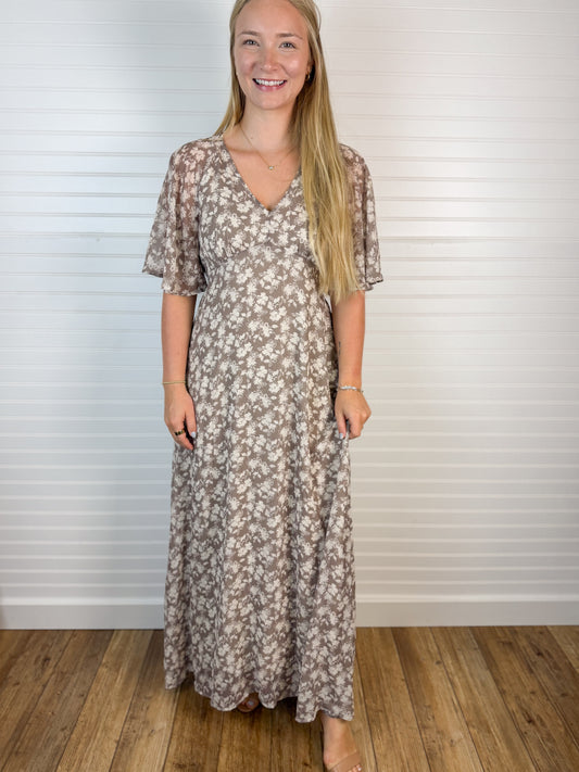 Flutter Sleeve Floral Maxi Dress - Taupe