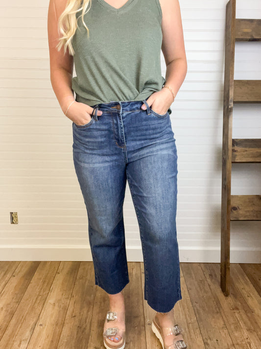 High Waisted Wide Leg Cropped Denim - Dark