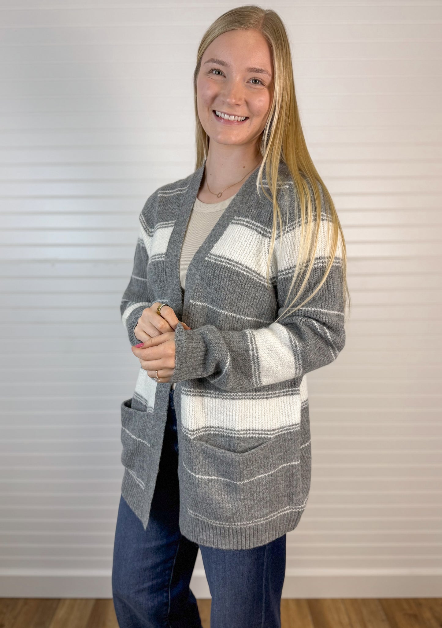Striped Open Cardigan - Cream/Gray