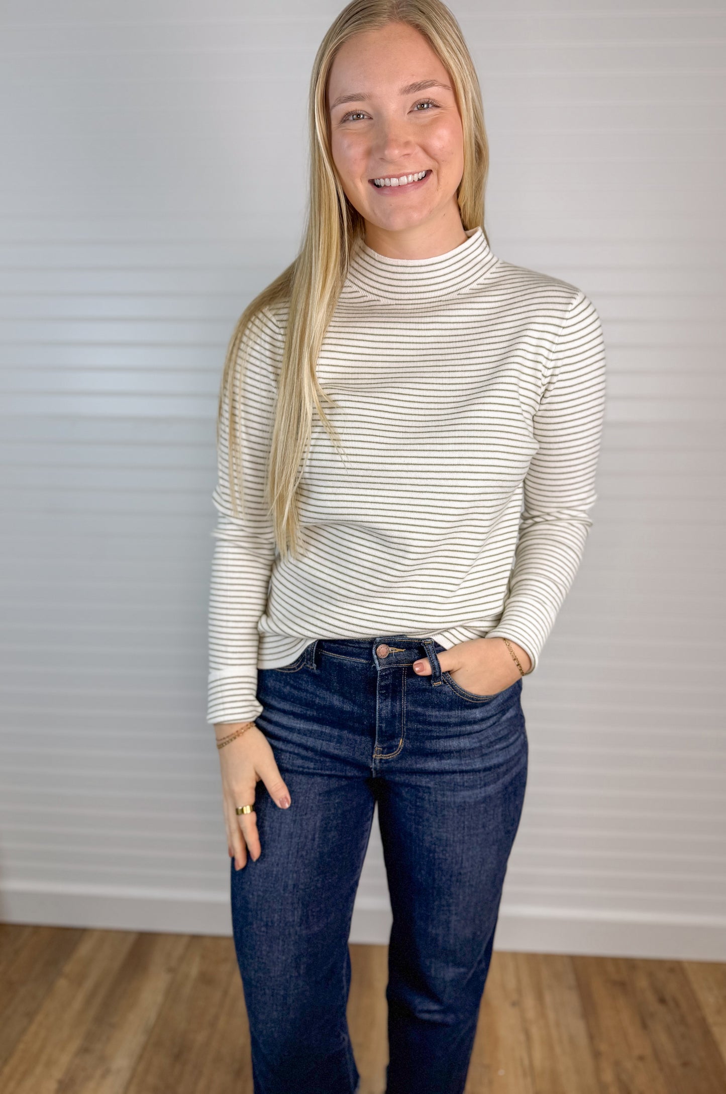 Pinstriped Knit Mock Neck - Ivory/Olive