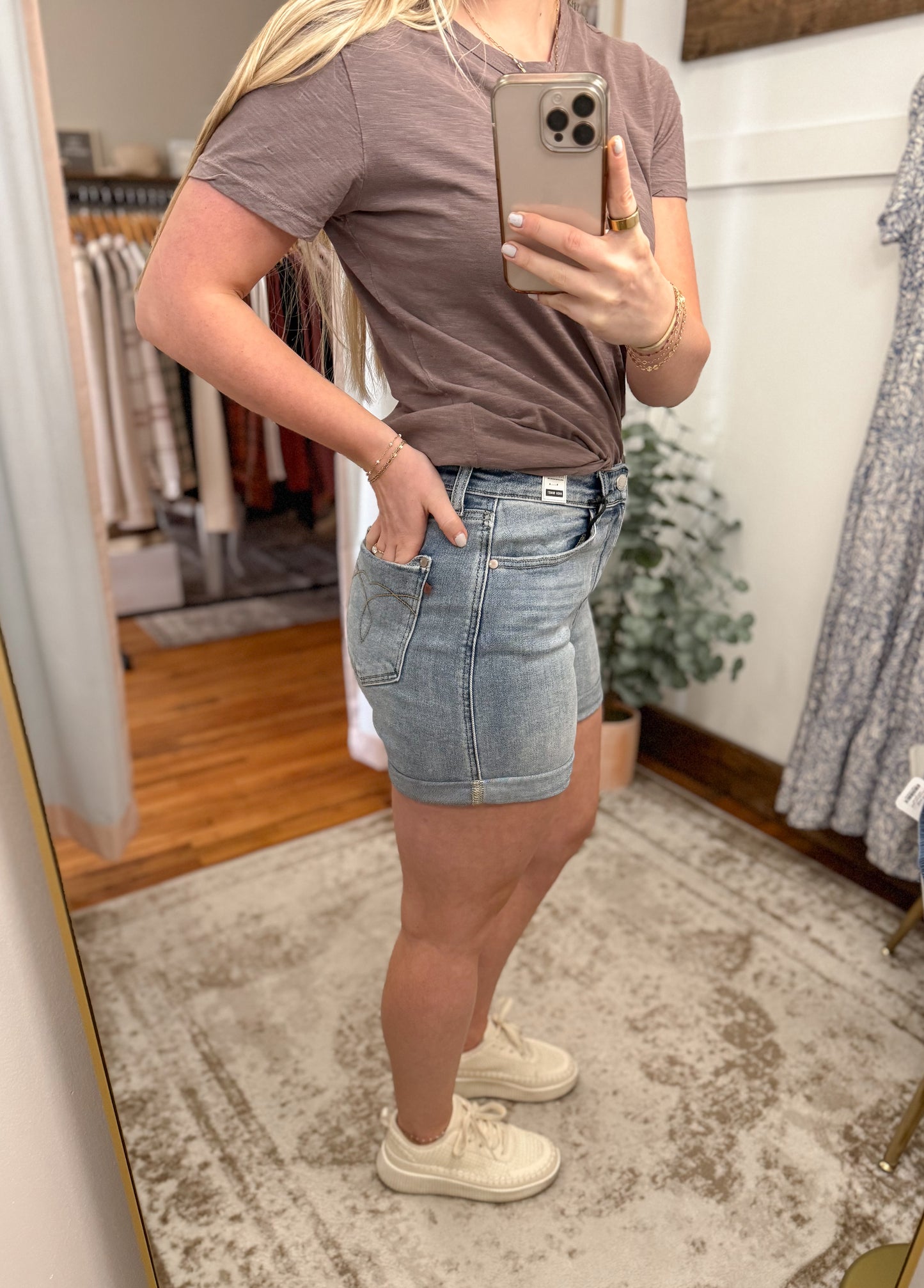 High Waist Slim Denim Shorts - Medium Wash