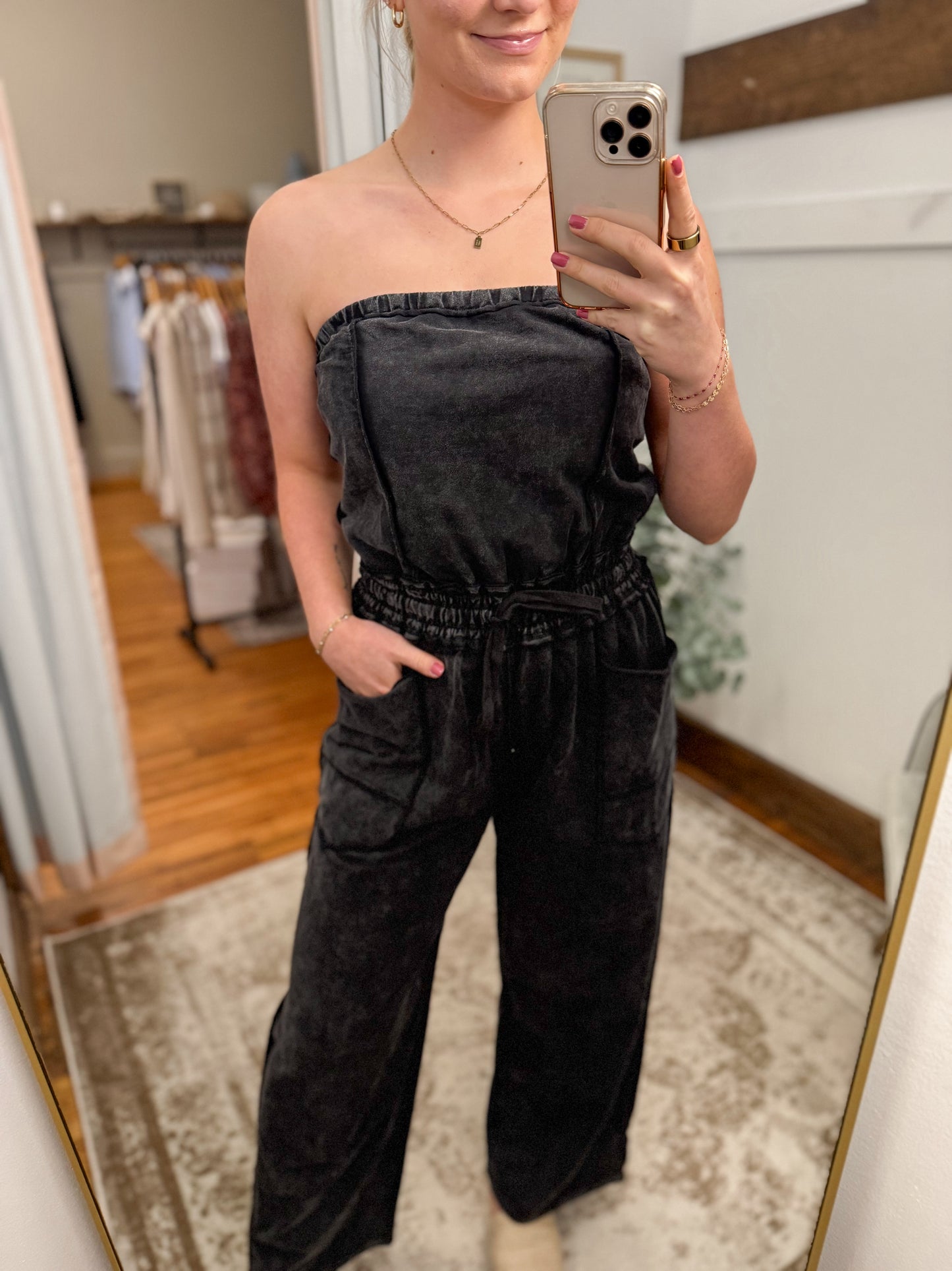 Mineral Washed Strapless Jumpsuit - Ash Black