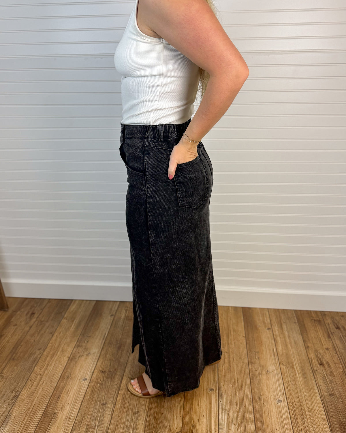 Washed Cotton Corduroy Skirt  - Black