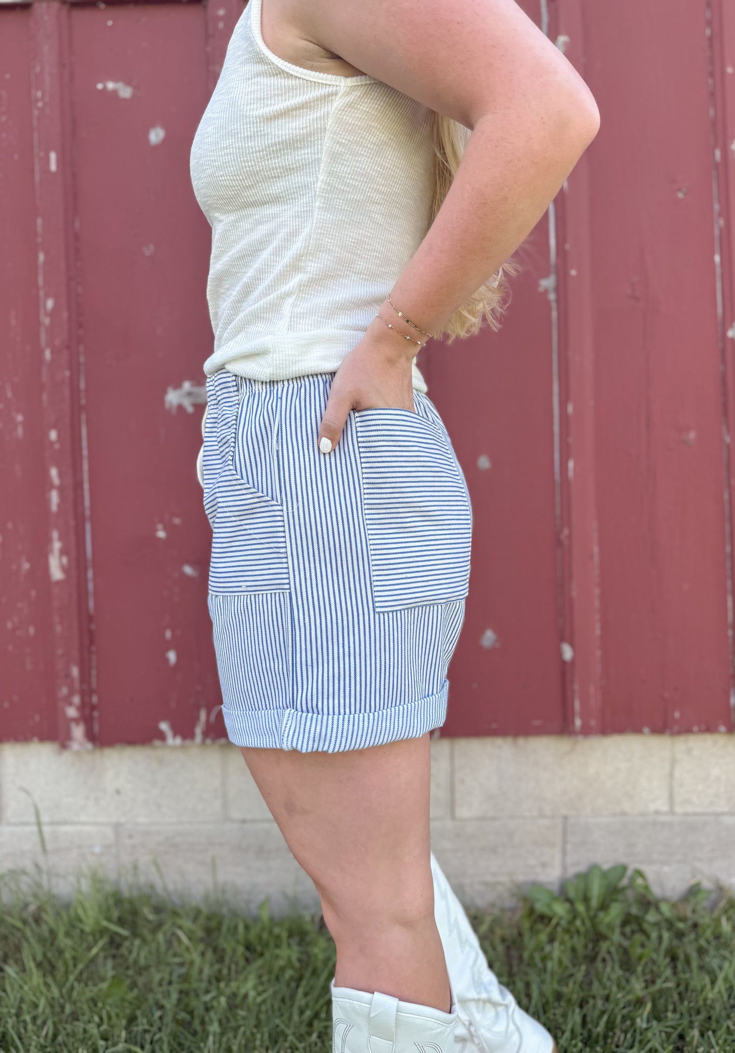 Striped Cotton Twill Shorts - Blue