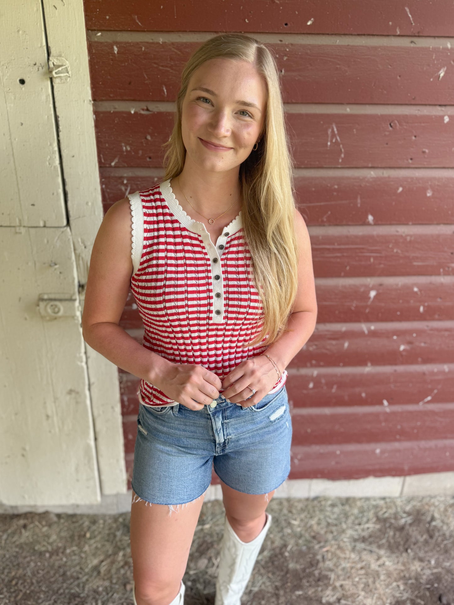 Striped Pointel Cotton Tank - Red/Off White