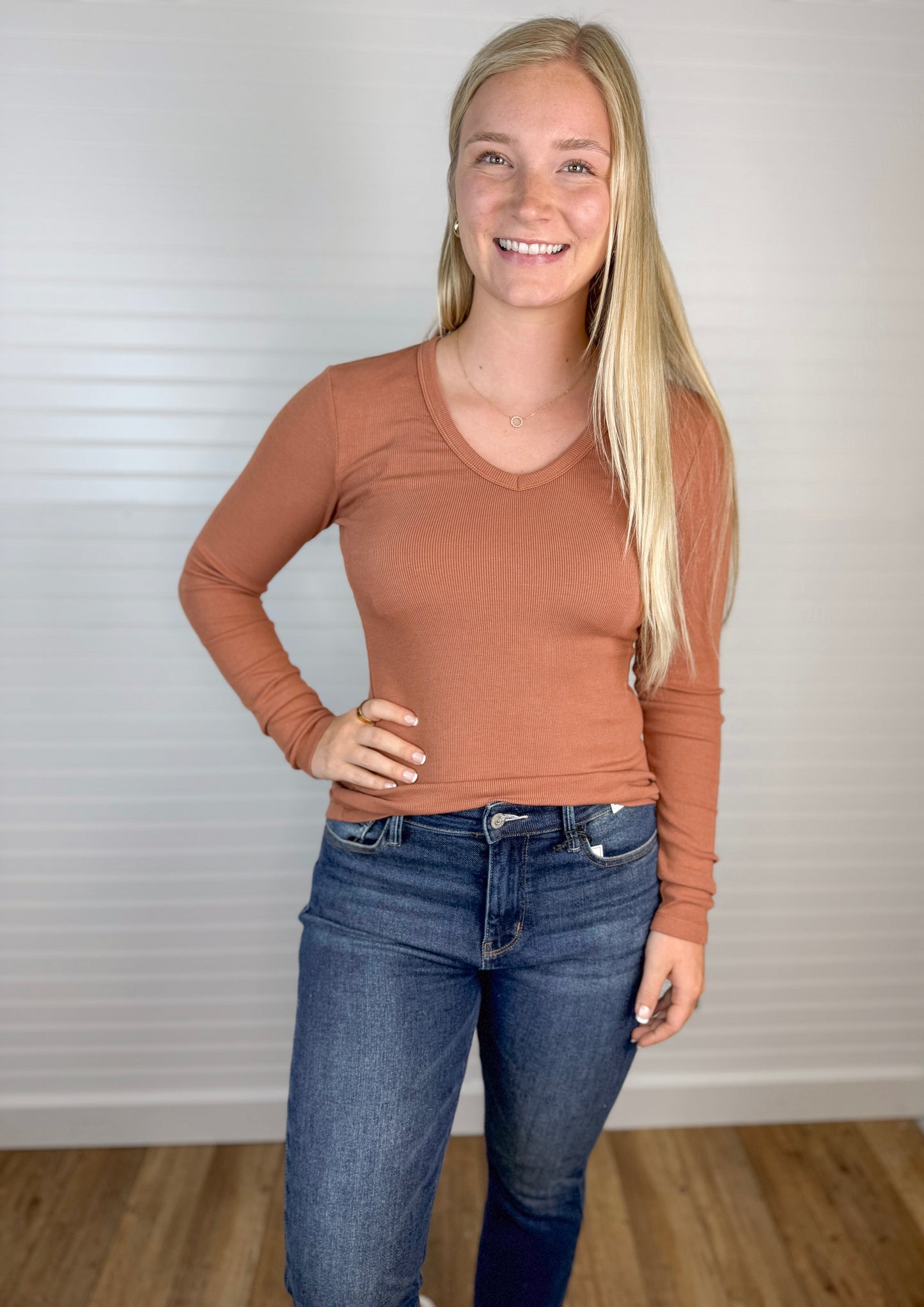 Fitted Ribbed V-Neck Long Sleeve (2 colors)