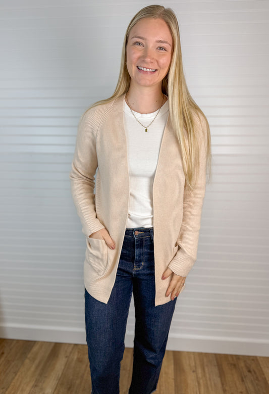 Ribbed Solid Cardigan - Oatmeal