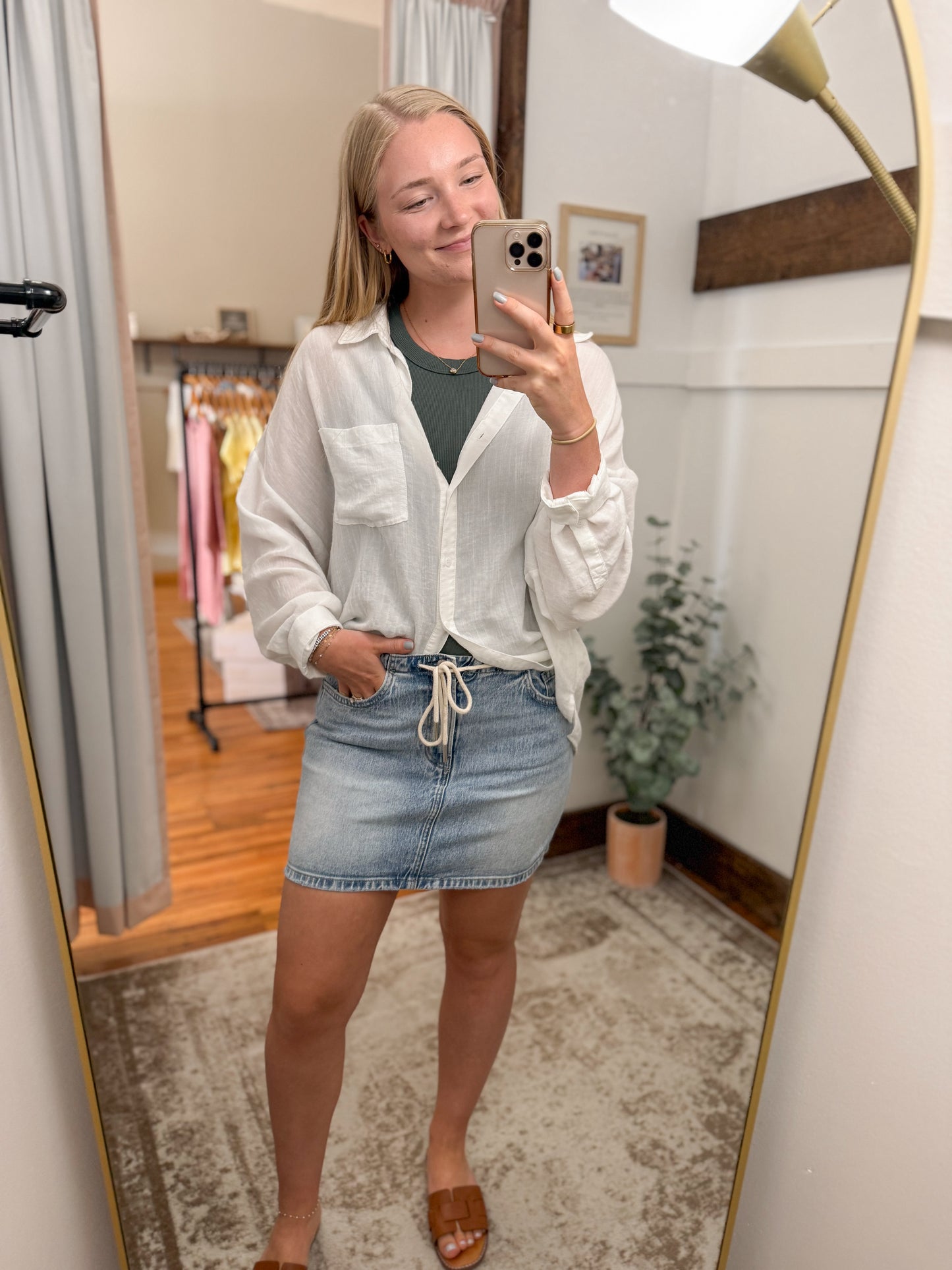 Midrise Drawstring Denim Skirt - Light Wash