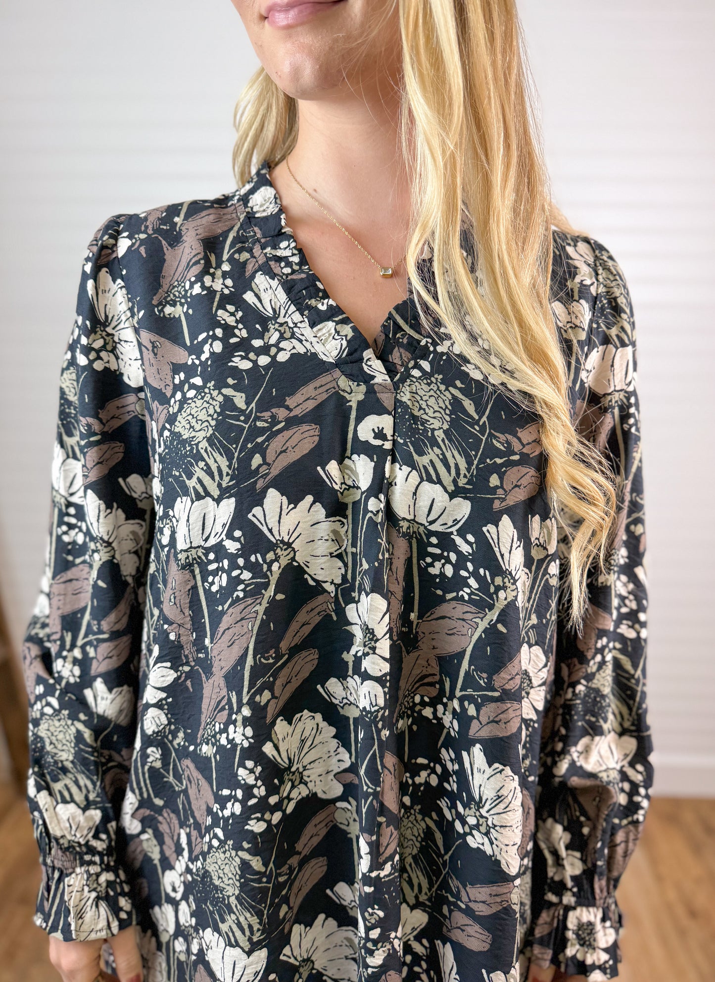 Frilled V-Neck Floral Dress - Brown