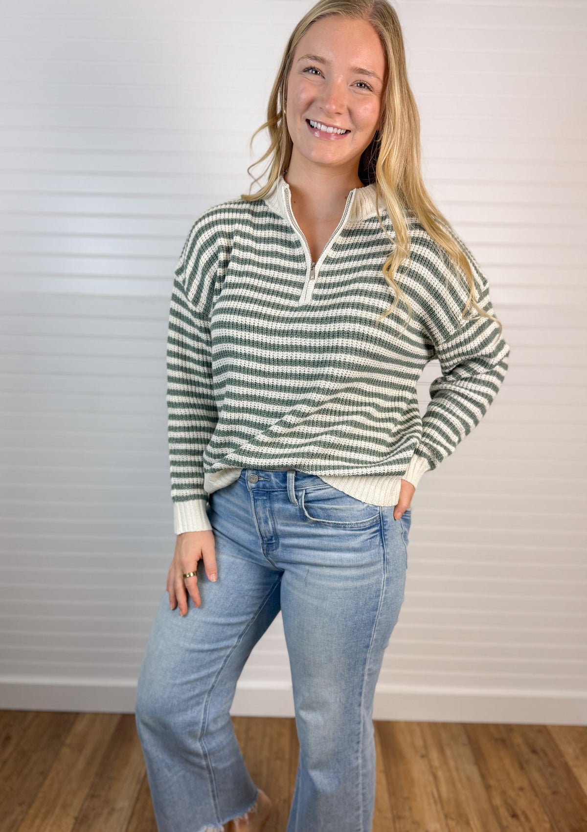 Half Zip Stripe Crochet Pullover - Dark Sage