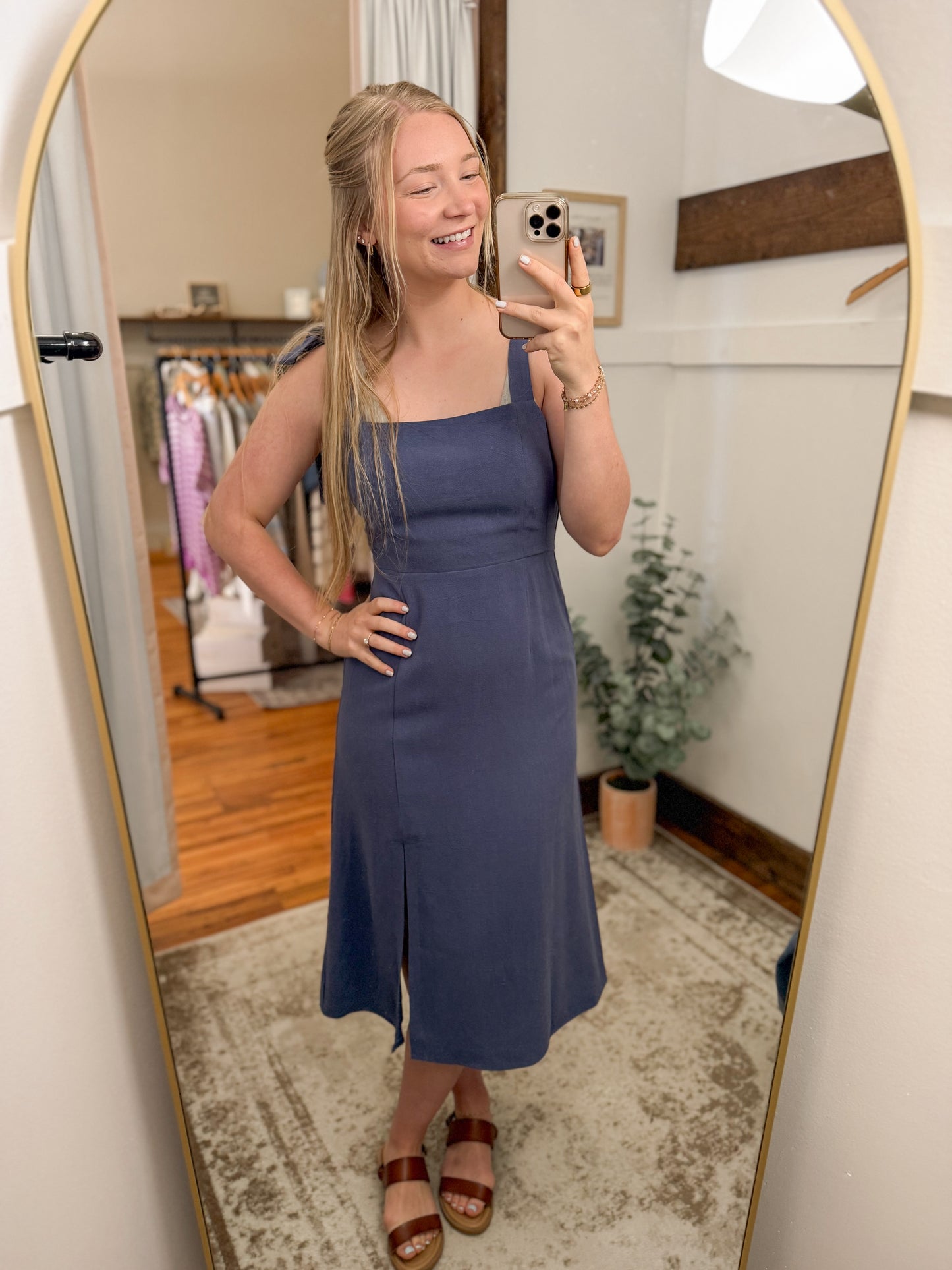 Square Neck Tie Strap Midi Dress - Dusty Blue