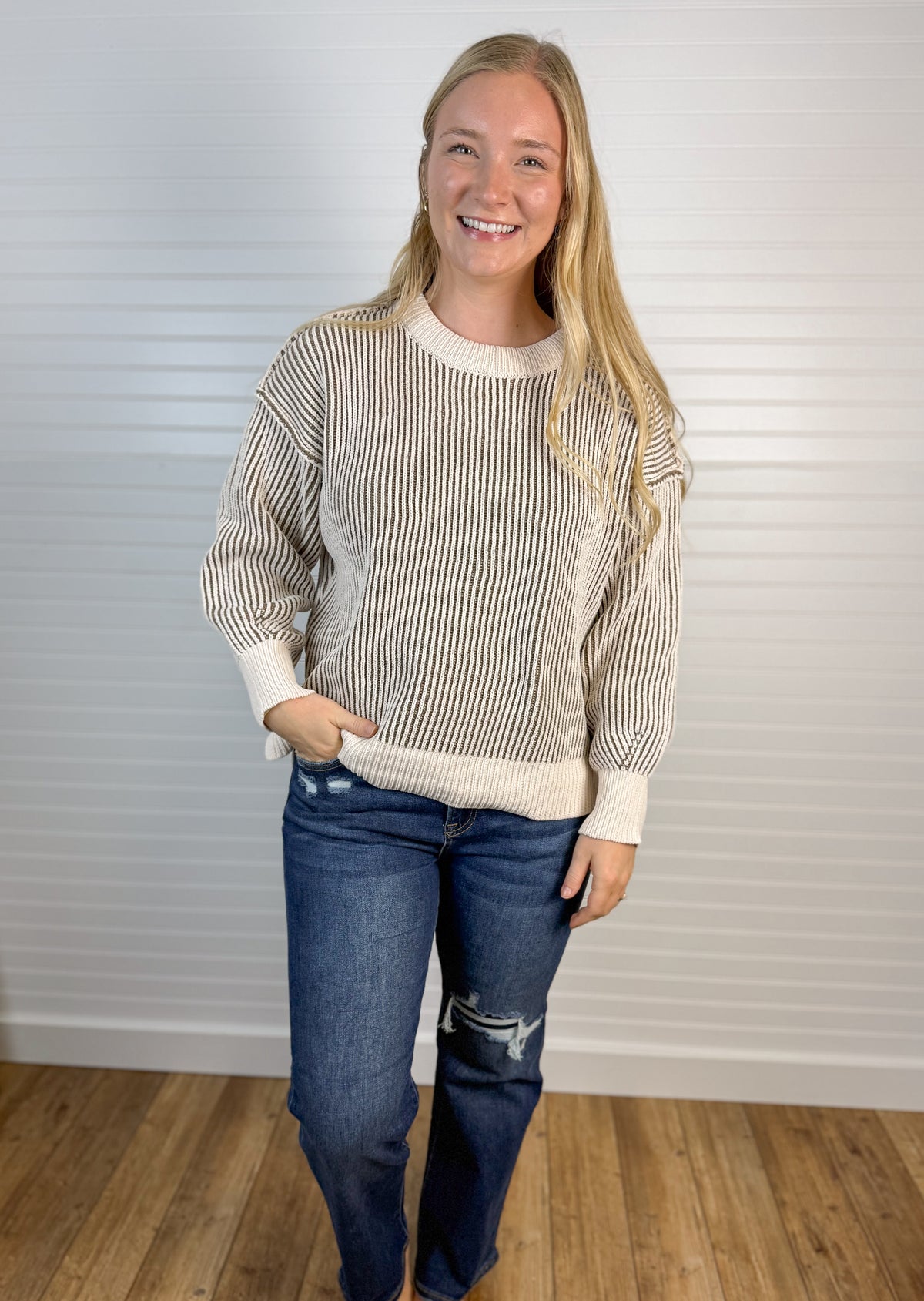 Two Tone Ribbed Sweater - Mocha