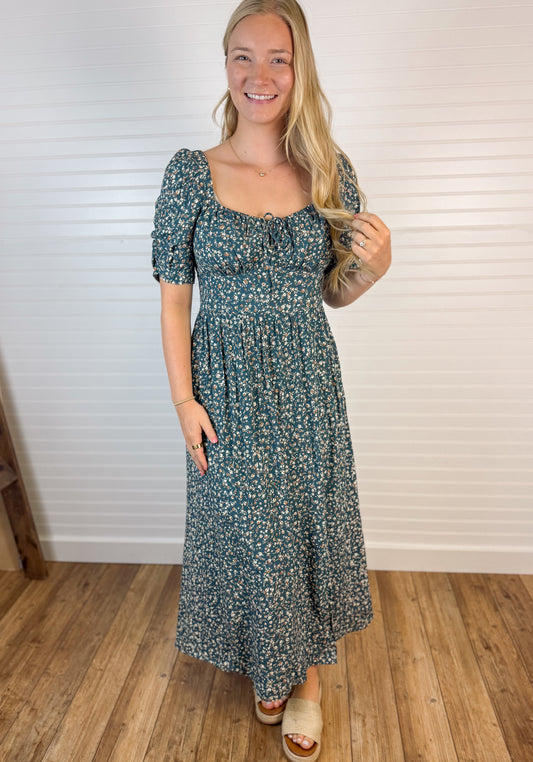 Ruched Chest Ditsy Midi Dress - Teal